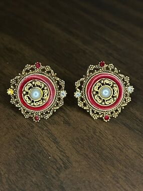 Vintage Florenza Red Enamel Faux Pearl Rhinestone Clip Earrings